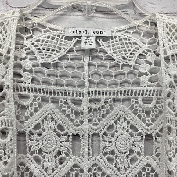 Tribal Jeans Crochet Cardigan Women's S/M White Open Front Boho Fringe Beachy - Picture 2 of 10